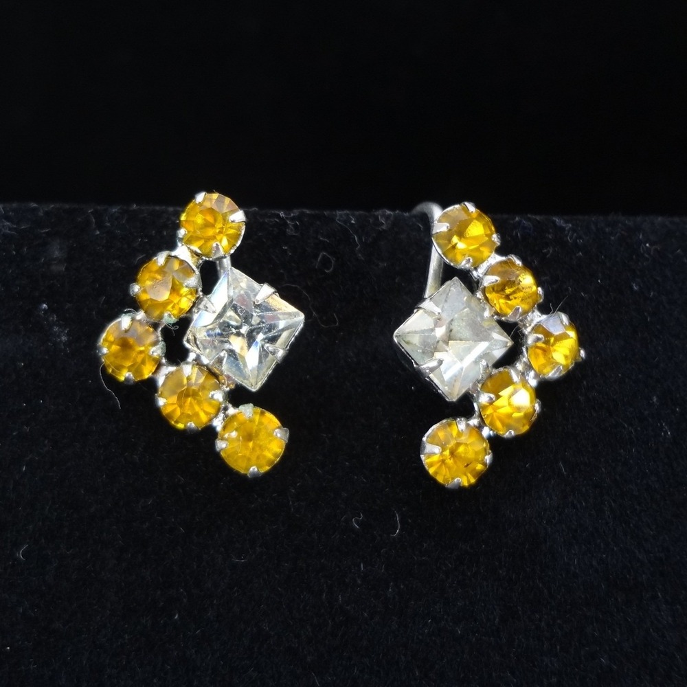 Rhinestone Earrings Citrine and Crystal Excellent Screw Back Geometric